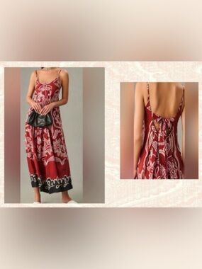 Anthropologie Red, Black, & White Tropic Pattern Maxi Dress/Bow Tied Back /Sz. S